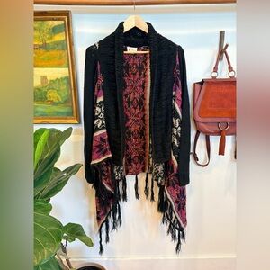 Boho Fringe Knit Cardigan Shawl | Multicolor Pattern